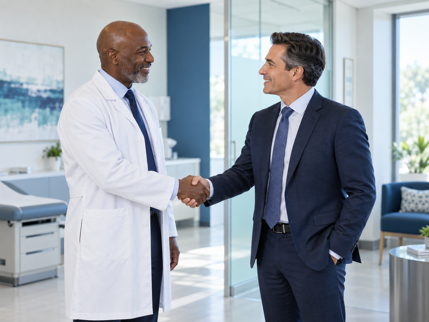 Healthcare leaders meeting in a modern clinic